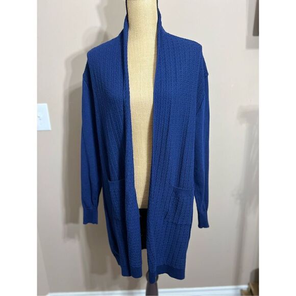Samantha Erin Open Front Cardigan Size M Navy Duster Cover Up Pockets Sweater - Picture 2 of 13